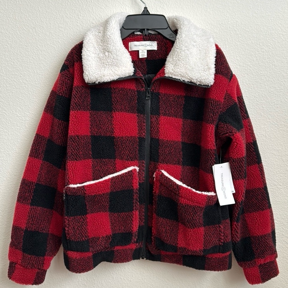 NWT! Treasure & Bond Big Kids' Plaid High Pile Fleece Jacket Size XL (14-16)